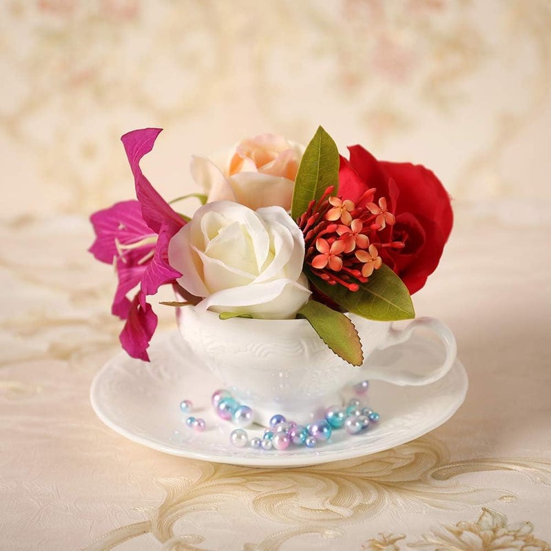PULCHRITUDIE White Fine Porcelain 7 Oz Teacup Saucer Set, Sculpture Surface, Light Weight, Set of Four - Image 2